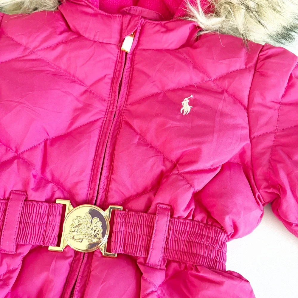 Ralph Lauren Baby Girls Pink Quilted Faux Fur Hood Down Bunting Snowsuit Size 6M